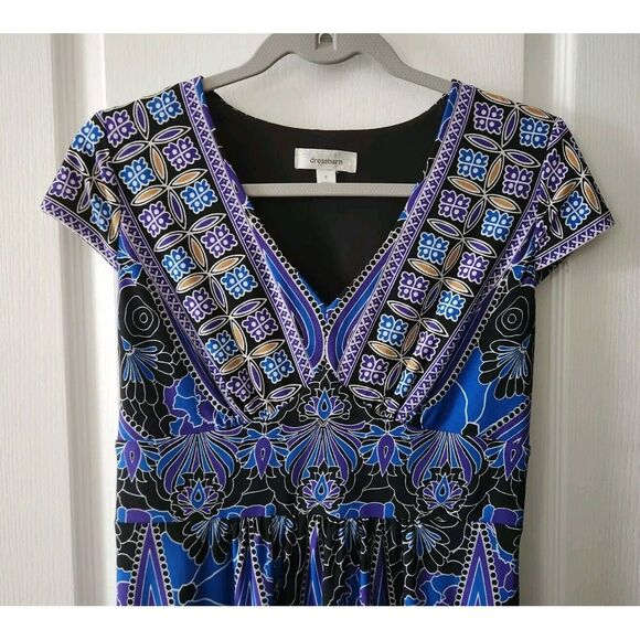 Dress Barn Women's V-Neck Cap Sleeve Ornate‎ Print Dress Blue Purple Size 6 - Picture 3 of 10